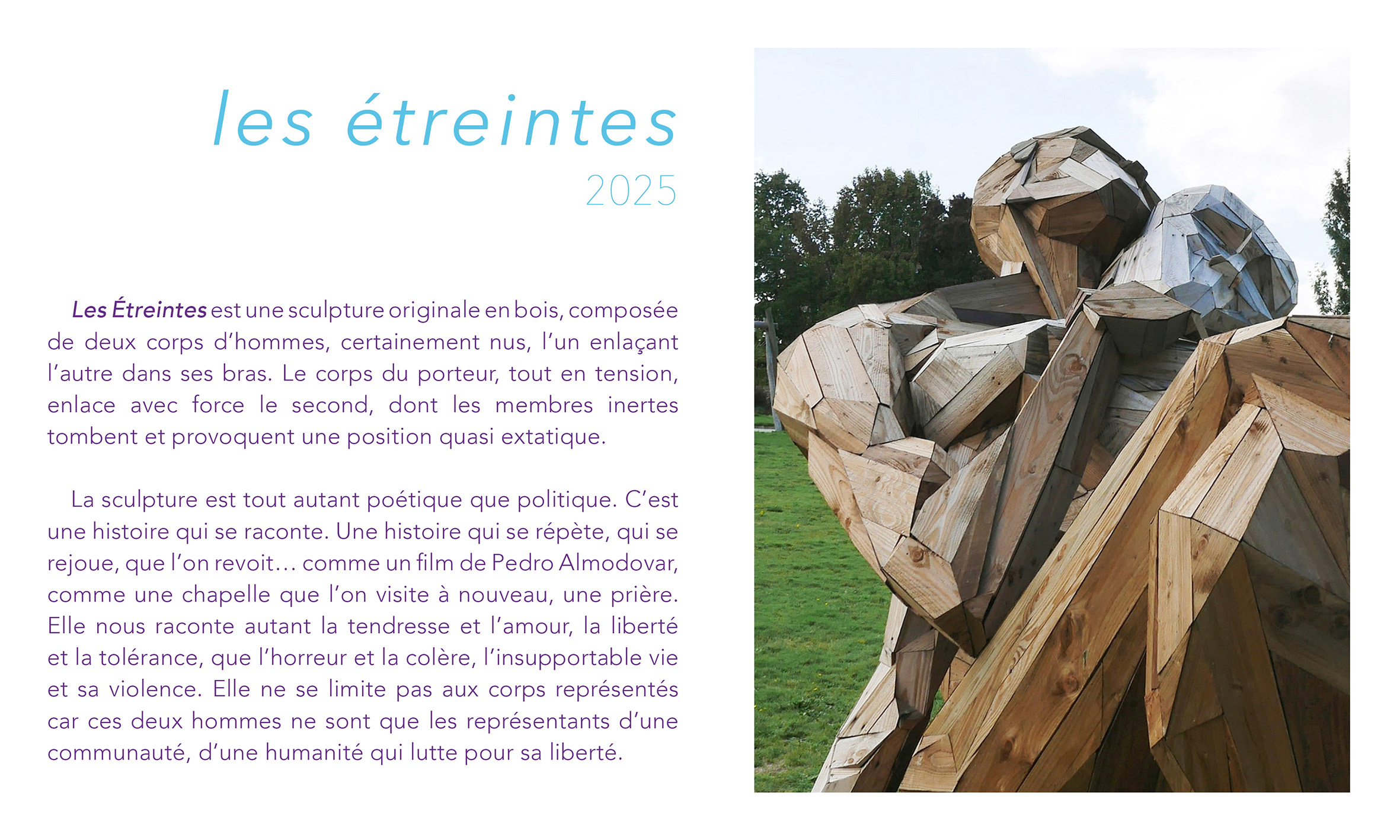 Les étreintes sculpture bois monumentale Ville de Châteaubourg Ille-et-Vilaine Art